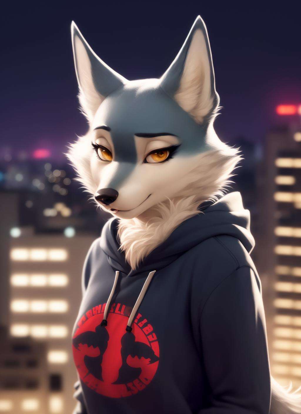porshacrystal, furry female anthro, wolf girl, portrait, close-up,  (hoodie:1.2), solo, (body fur:1.2), (best quality), (detailed urban night background:1.2), dramatic lighting, (detailed fluffy fur:1.1), looking at viewer, <lora:porshacrystal-v1:1>