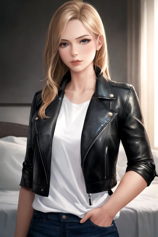 masterpiece, best quality, highres, 1girl, white shirt, leather jacket, realistic