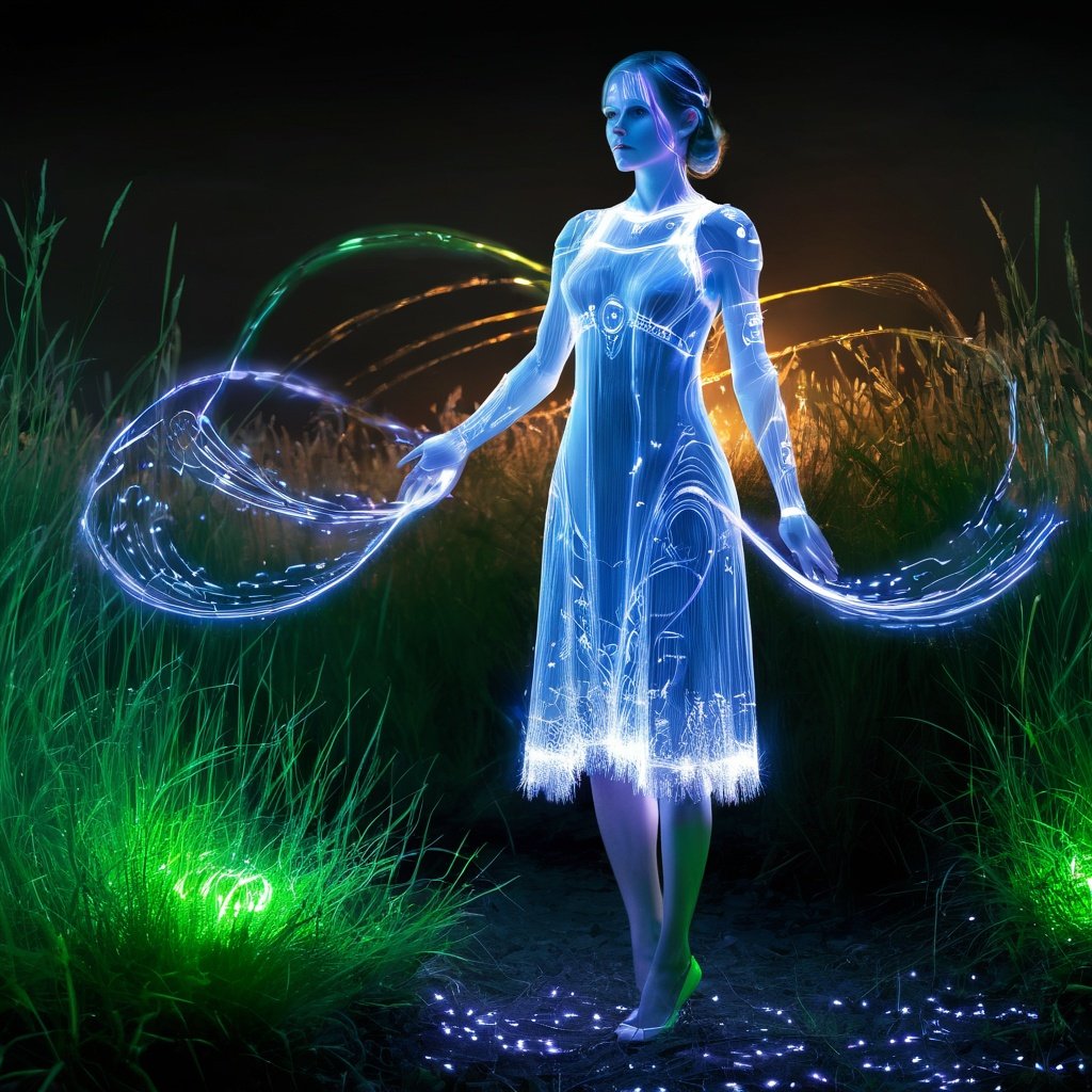 masterpiece,best quality,LightPainting, 1girl, solo, grass, see-through, standing, dress, full body, science fiction,Dingdall effect