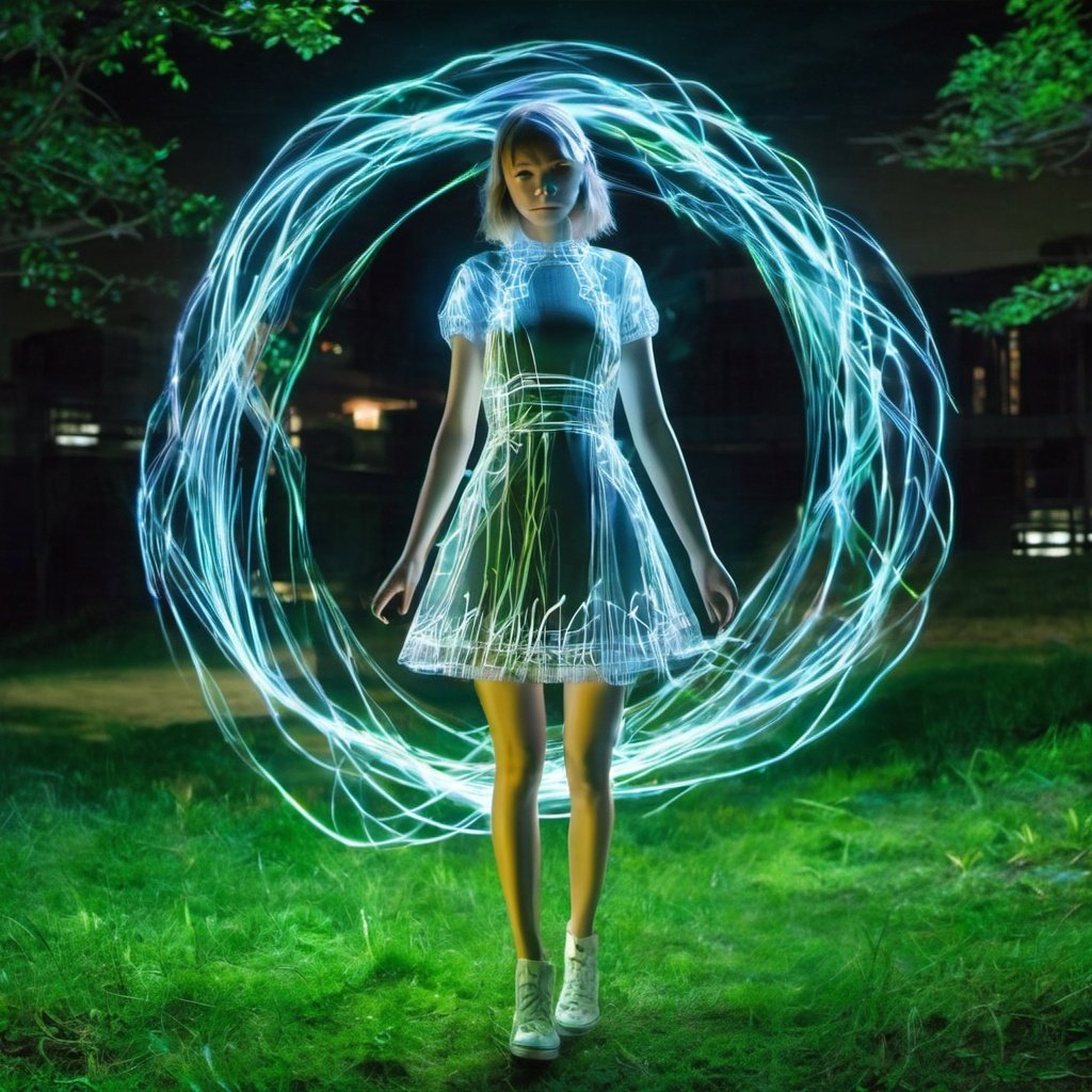 masterpiece,best quality,LightPainting, 1girl, solo, grass, see-through, standing, dress, full body, science fiction,Dingdall effect