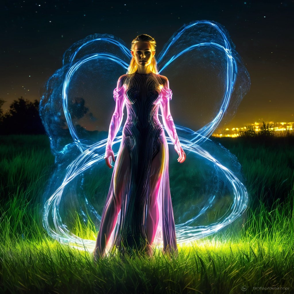 masterpiece,best quality,LightPainting, 1girl, solo, grass, see-through, standing, dress, full body, science fiction,Dingdall effect