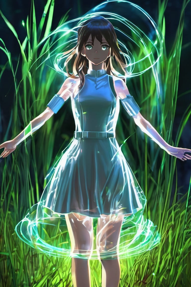 LightPainting, 1girl, solo, grass, see-through, standing, dress, full body, science fiction,Dingdall effect