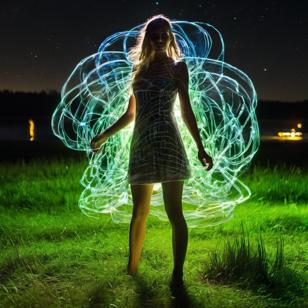 LightPainting, 1girl, solo, grass, see-through, standing, dress, full body, science fiction,Dingdall effect