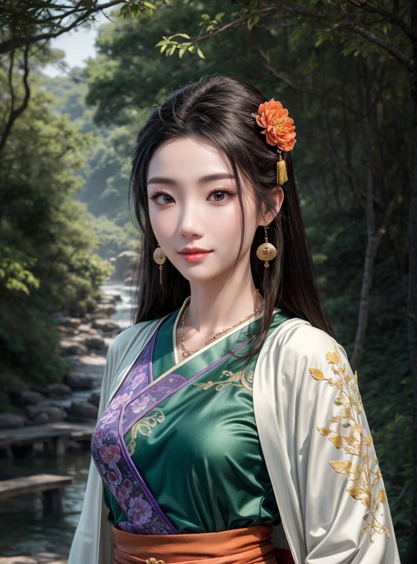 masterpiece,best quality,official art,extremely detailed CG unity 8k wallpaper,(realistic:1.2),Beautiful Chinese Girl,1girl,( Young girl),(facial up close-up:1),(medium breasts:1.3),Extremely Delicate Beautiful,(Beautiful and detailed eye description),((Delicate Faces)),(chinese style architecture),hair accessories,necklace,Chinese style clothes, hanfu, song style outfits, purple short shan, light purple long shan, gradient green pleated skirt, orange songmoyunjian,embroidery,earrings,Long hair,crossed bangs,(Flower Sea),Wearing embroidered shoes,solo,earrings,hairpin,necklace,architecture,east asian,riverside,forest,smile,outdoors,(fullbody:1),(arms  behind  back:1.1),<lora:add_detail:0.8>,  <lora:陈巧倩-汉服花朵头饰:0.8>