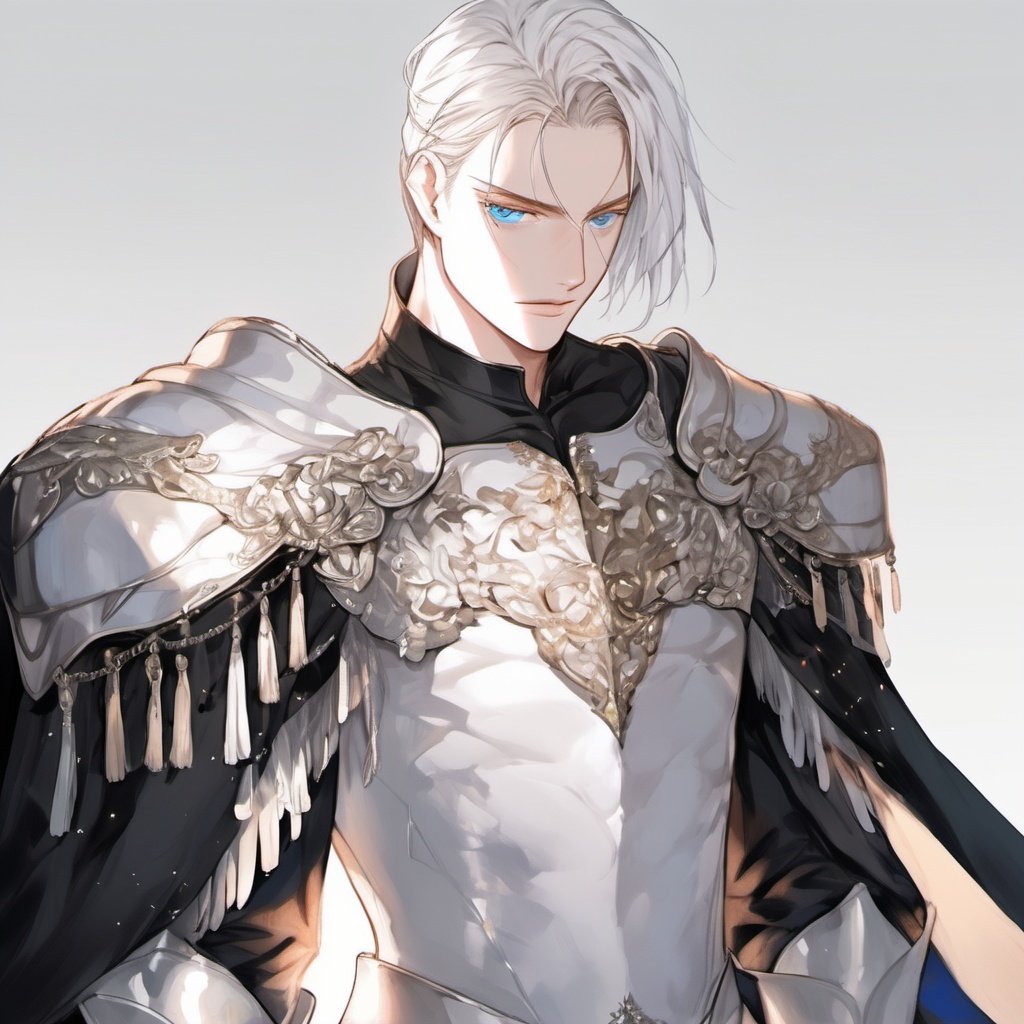 armor, 1boy, male focus, solo, white background, blue eyes, looking at viewer, shoulder armor, simple background, cape, pauldrons, cowboy shot, tassel, light particles, white hair, closed mouth, short hair, upper body, black cape, hair over one eye, standing, breastplate, bangs <lora:heijing:1>