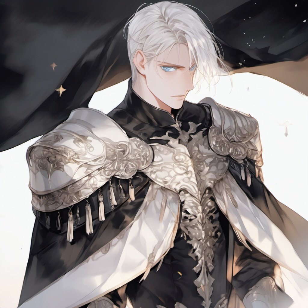 armor, 1boy, male focus, solo, white background, blue eyes, looking at viewer, shoulder armor, simple background, cape, pauldrons, cowboy shot, tassel, light particles, white hair, closed mouth, short hair, upper body, black cape, hair over one eye, standing, breastplate, bangs <lora:heijing:1>