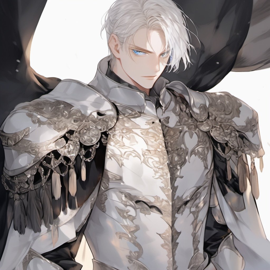 armor, 1boy, male focus, solo, white background, blue eyes, looking at viewer, shoulder armor, simple background, cape, pauldrons, cowboy shot, tassel, light particles, white hair, closed mouth, short hair, upper body, black cape, hair over one eye, standing, breastplate, bangs <lora:heijing:1>