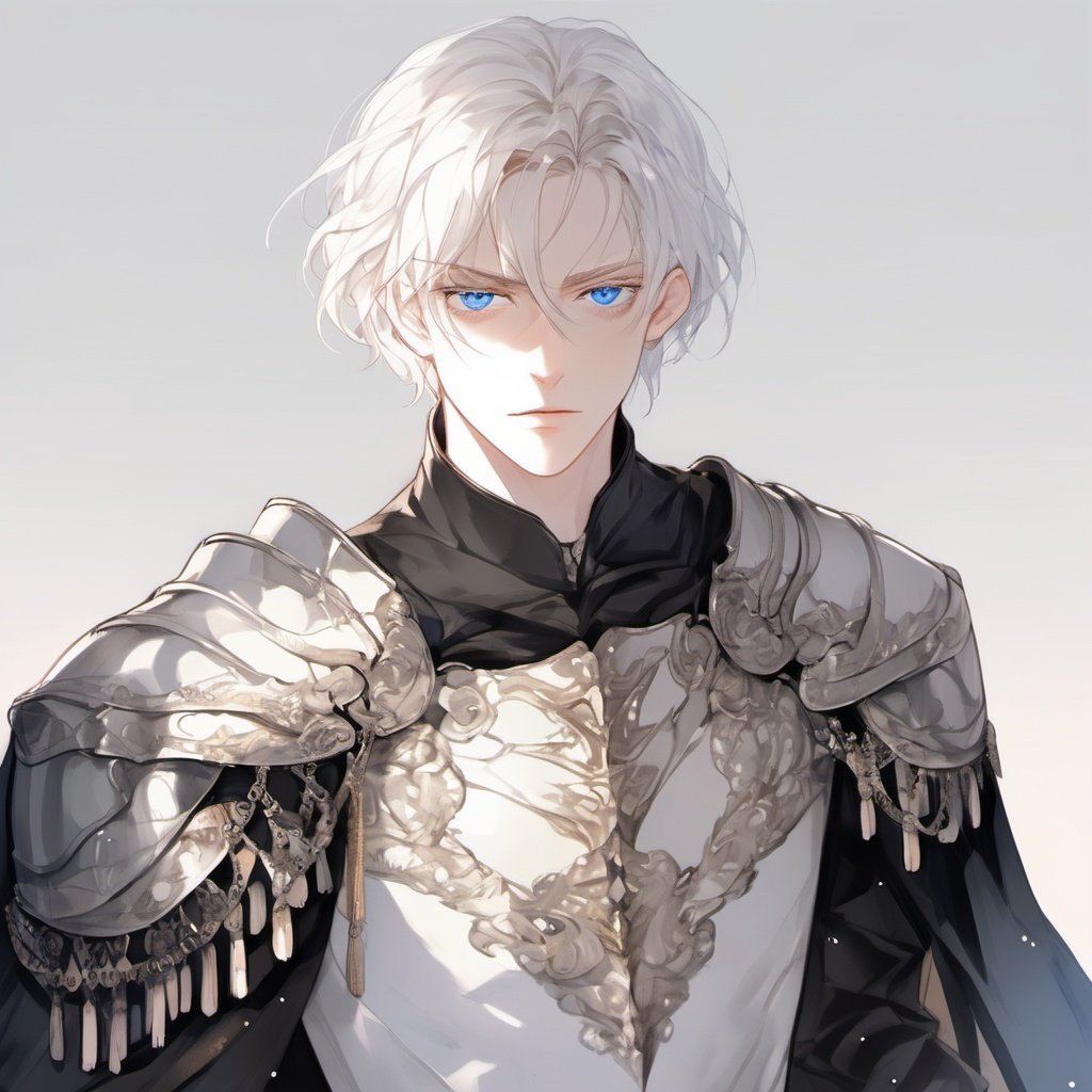 armor, 1boy, male focus, solo, white background, blue eyes, looking at viewer, shoulder armor, simple background, cape, pauldrons, cowboy shot, tassel, light particles, white hair, closed mouth, short hair, upper body, black cape, hair over one eye, standing, breastplate, bangs <lora:heijing:1>