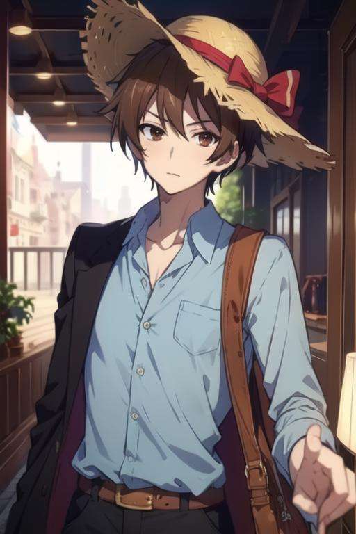 masterpiece, best quality, , 1boy, solo, male focus, looking at viewer, , depth of field, <lora:takeya_iizuka:0.72>, takeya_iizuka, brown hair, brown eyes, button-up shirt, straw hat, Wonderland: A wild and fantastical place, ruled by the Queen of Hearts,