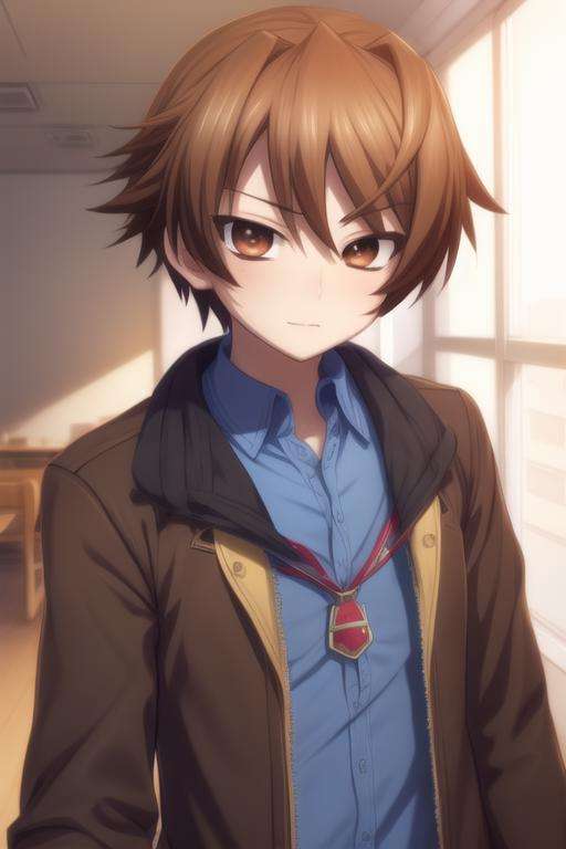 masterpiece, best quality, game cg, 1boy, solo, male focus, looking at viewer, upper body, depth of field, <lora:takeya_iizuka:0.72>, takeya_iizuka, brown hair, brown eyes, geek costume, superhero fiction,