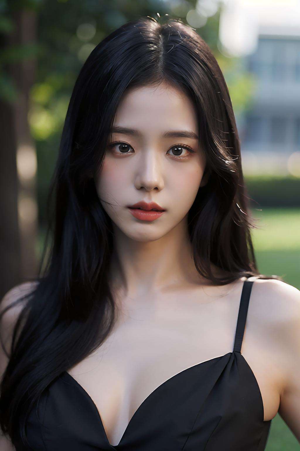 Best quality, masterpiece, ultra high res, (photorealistic:1.4), raw photo, 1girl, very long black hair, outdoor, closeup, looking at viewer, black dress, sleeveless