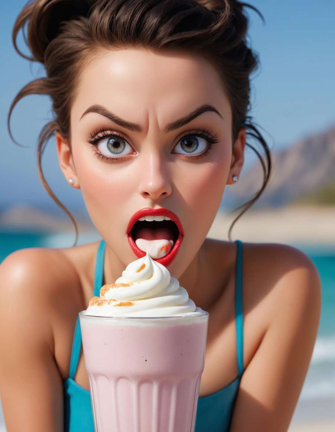 a look of terror scared horrified , photography style,  a delicious food photograph of milkshakes served for dessert!  ,   by  Herb Ritts beauty512