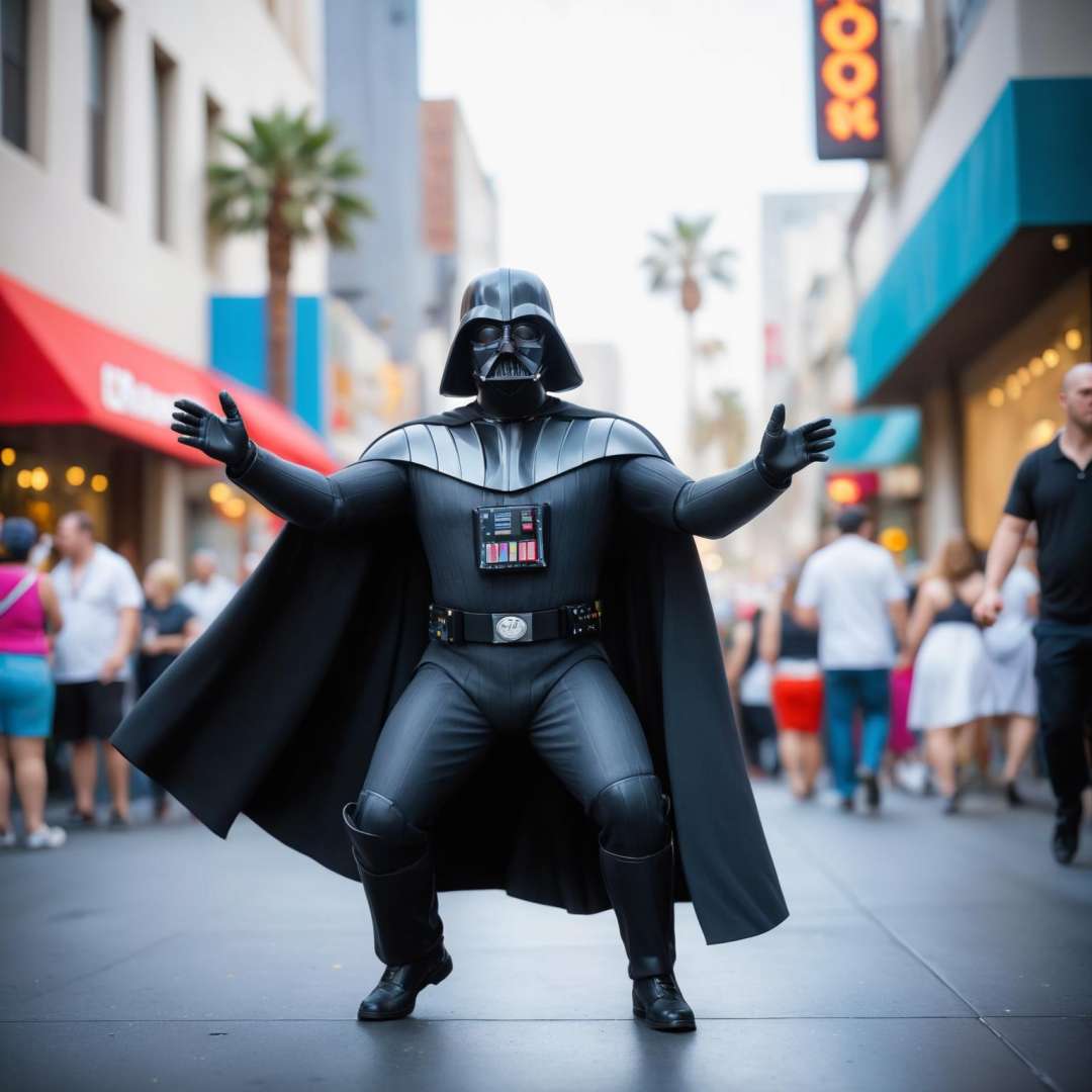 wide angle candid photo instagram post, fat cosplay Darth Vader dancing on Hollywood Blvd, Photo512, analog, film grain, bokeh, shallow depth of field, masterpiece