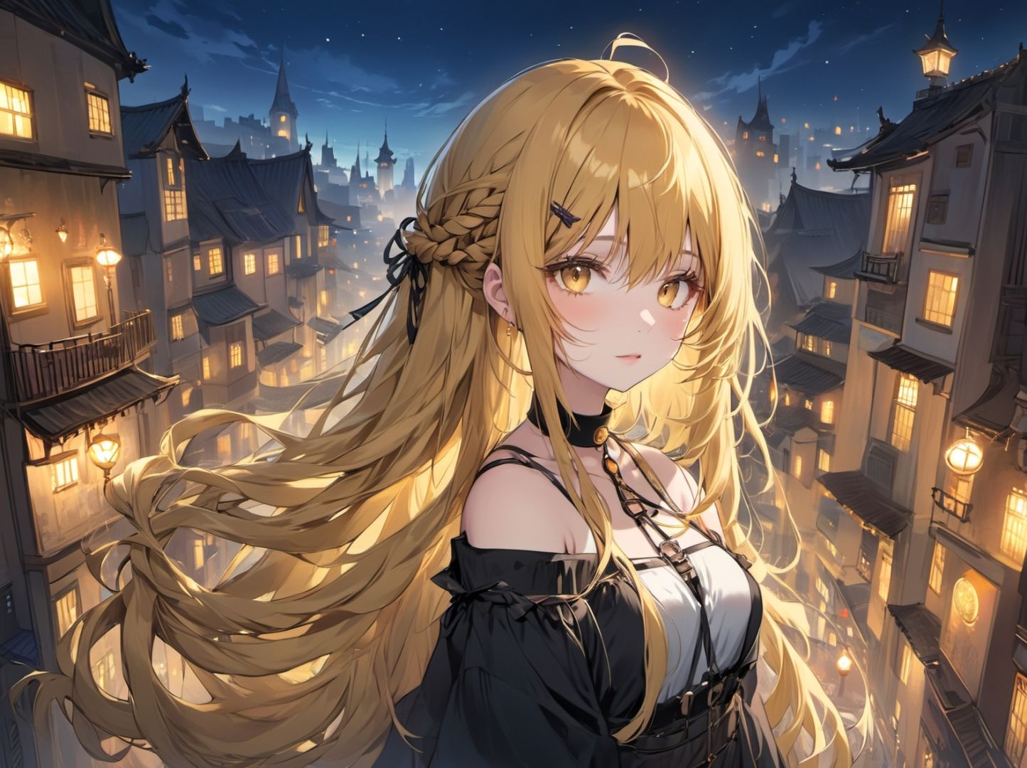 1girl, golden hair, absurdly long hair,  multi-tied hair,  bangs,  casual cosplay choker ,  fantasy cities evening, 