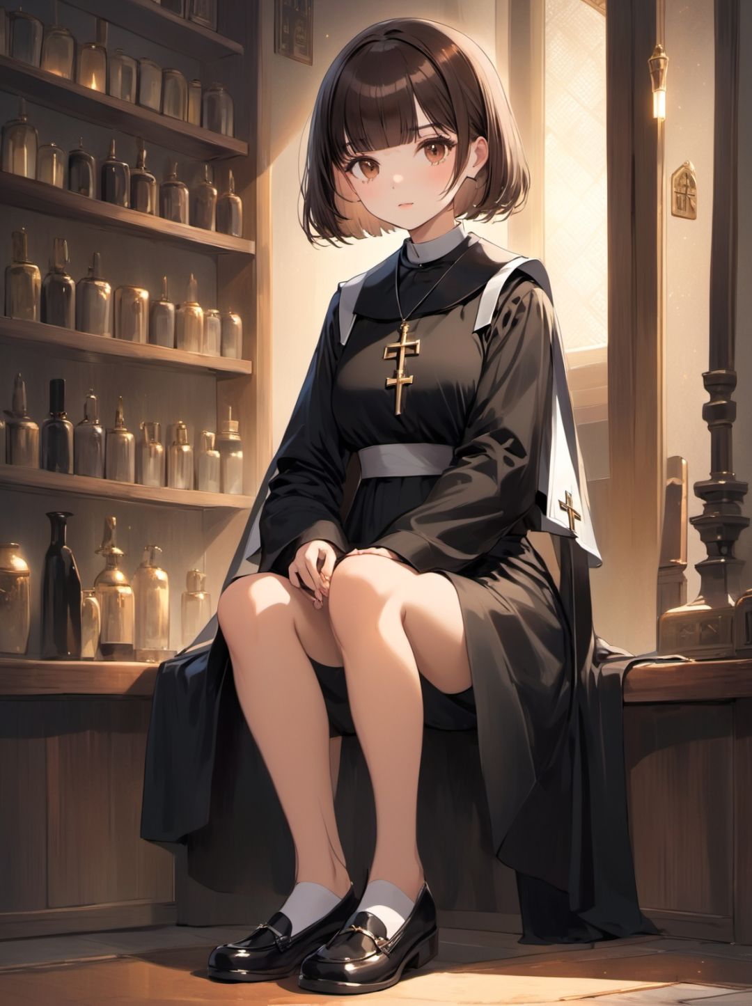 1girl, brown hair, very short hair,  twin drills hair, long bangs bangs,   nun accessory loafers,  complex indoors evening, 