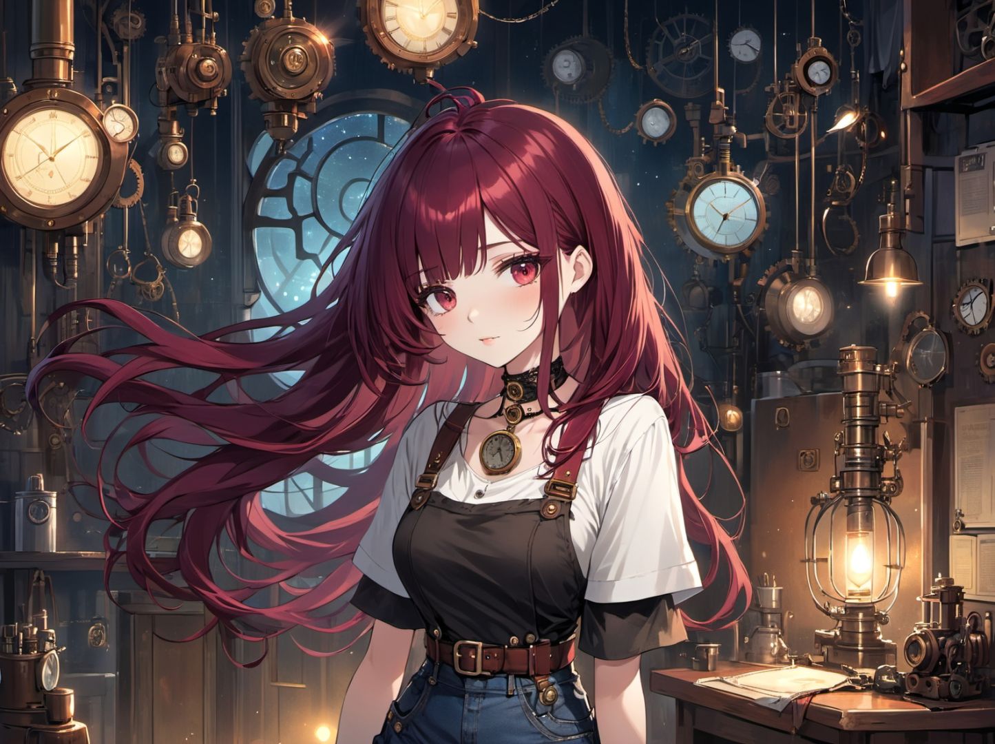 1girl, maroon hair, very long hair, flipped hair,   bangs,   t-shirt jeans choker ,  steampunk home economics room nighttime, 