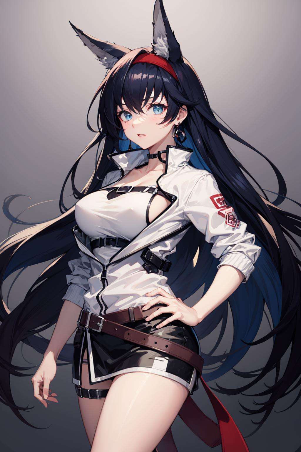 blaze, 1girl, long hair, animal ears, blue eyes, black hair, red hairband, white shirt, white jacket, <lora:blaze-03:1>, standing, hand on hip, skirt, large breasts, simple background,