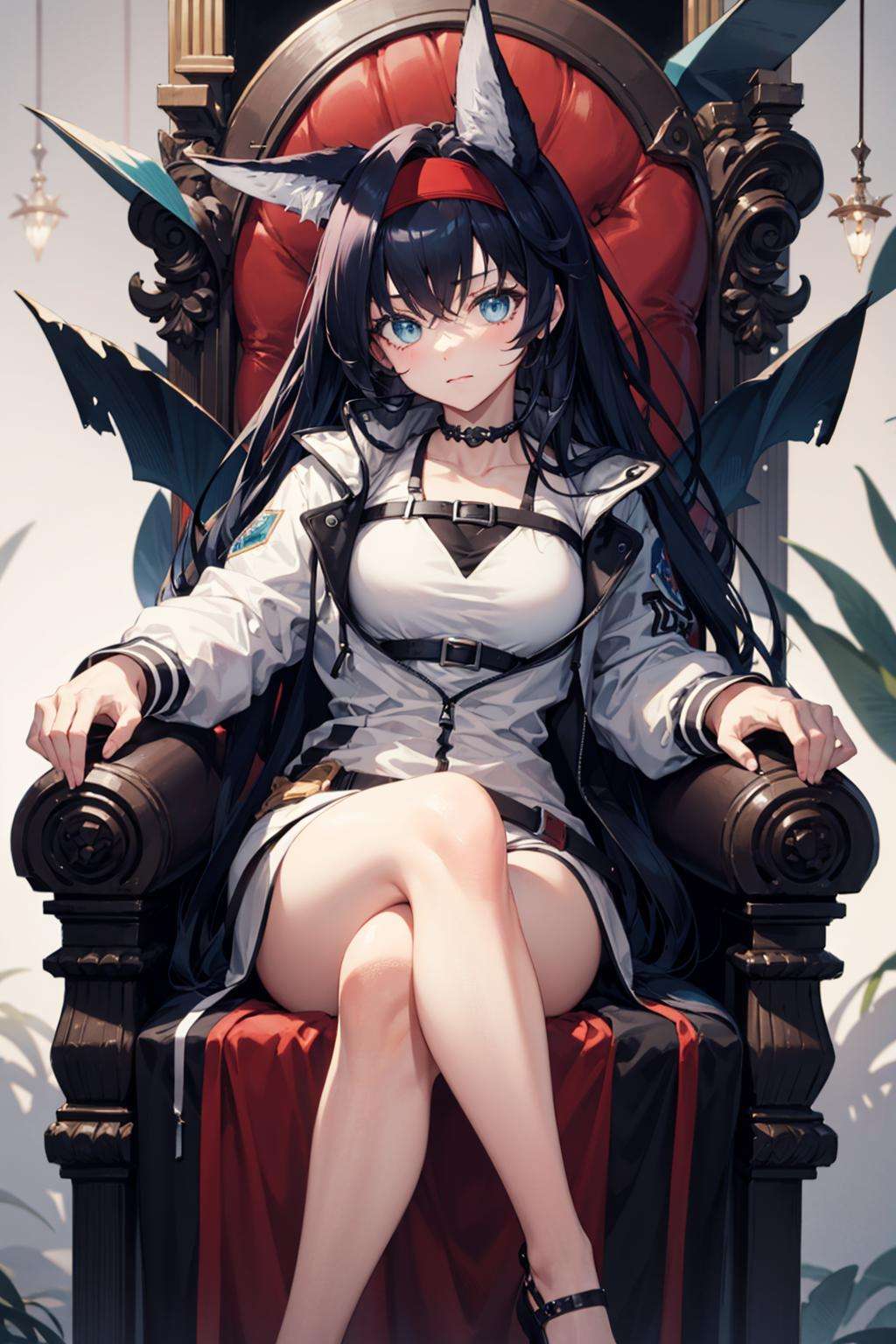 blaze, 1girl, long hair, animal ears, blue eyes, black hair, red hairband, white shirt, white jacket, jacket, <lora:blaze-03:1>, sitting, on throne, throne, crossed legs, hands on own cheeks,  facing viewer, 