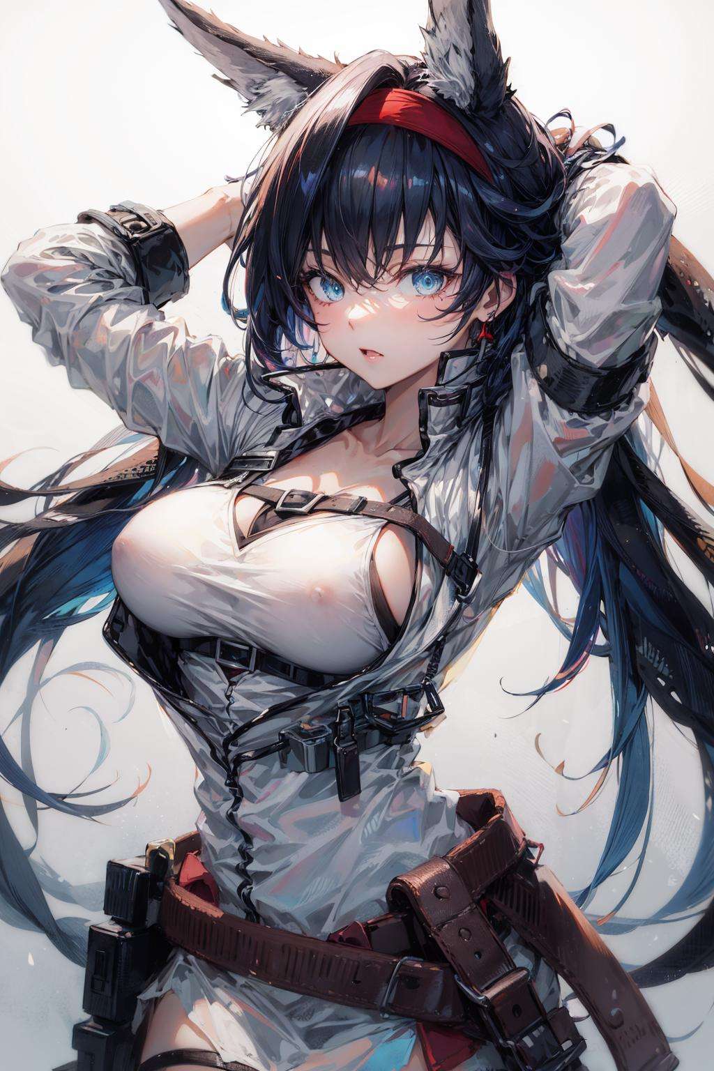 blaze, 1girl, long hair, animal ears, blue eyes, black hair, red hairband, <lora:blaze-03:1>, white jacket, white shirt, large breast, skirt, <lora:add_detail:0.6>, arms up, arms behind head, simple background, 