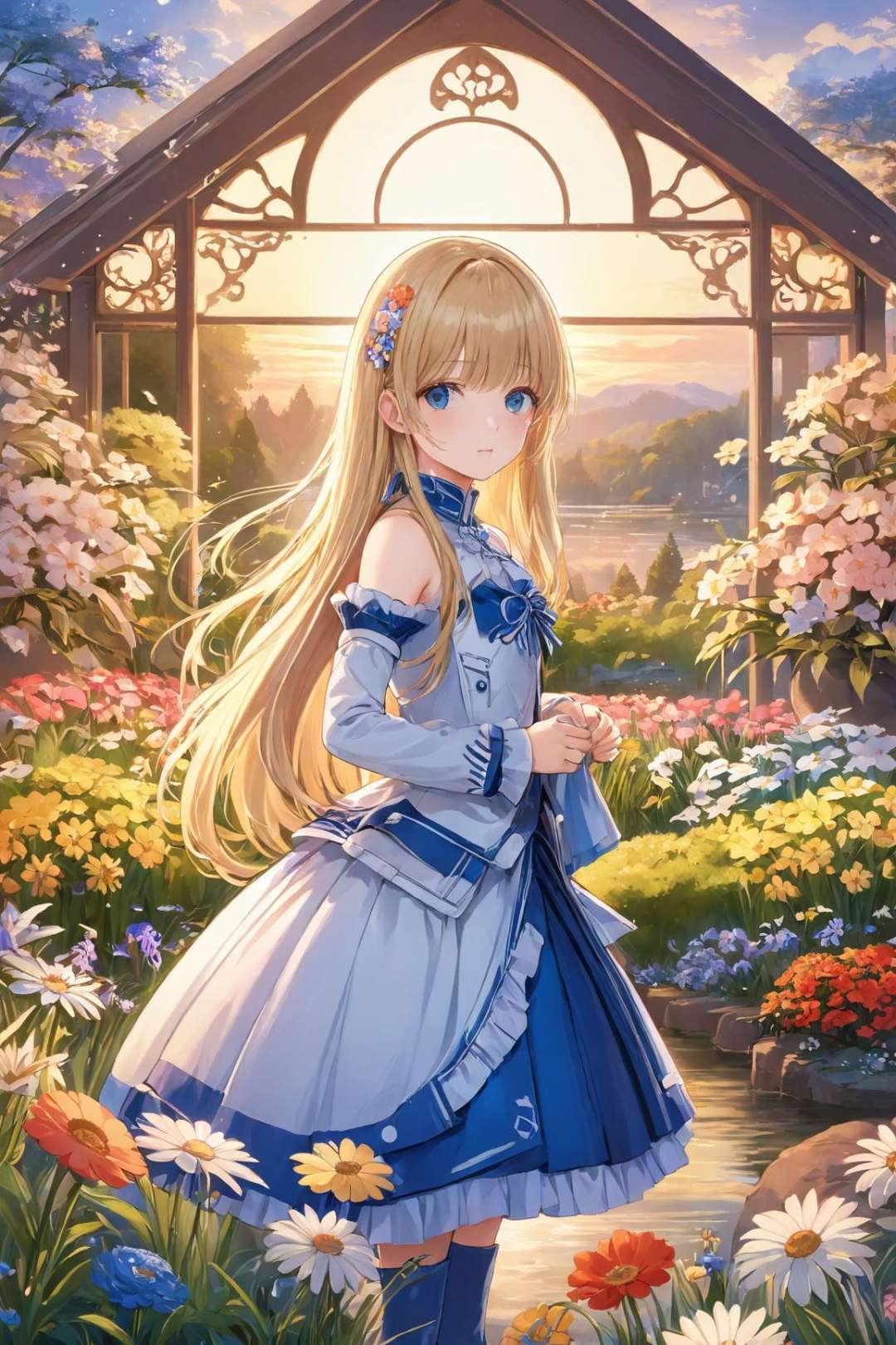 ultra-detailed,(best quality),((masterpiece)),(highres),original,extremely detailed 8K wallpaper,(an extremely delicate and beautiful),((detailed face)),beautiful detail eyes,\\LineAniAFanime,shenji,1girl, blond hair, long hair, straight hair, french hair, parted bangs bangs, serafuku tiara high heel boots, sci-fi flower garden evening,<lora:LineAniRedmond-LineAniAF:0.5>