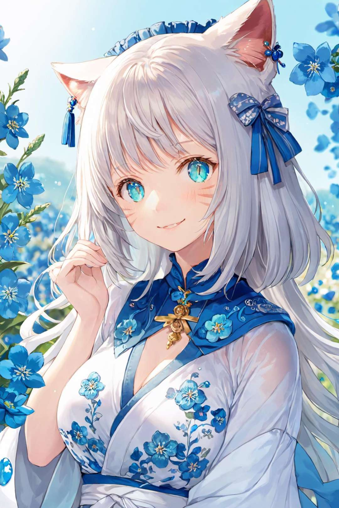 ultra-detailed,(best quality),((masterpiece)),(highres),original,extremely detailed 8K wallpaper,(an extremely delicate and beautiful),((detailed face)),beautiful detail eyes,\\,anime,momoko,anime,{one girl},very long light white hair,beautiful detailed blue eyes,aqua eyes,white robe,cat ears,{flower hairpin},{surrounded by beautiful detailed blue flowers},sunlight,light smile,beautiful detailed blue necklace,{{{see-through}}},flower request,breast_focus,{luxuriant bra},{{breast_conscious}},presenting breast,{hand on breast},{covering_breasts},<lora:momoko_xl-v2-000015:0.9>,