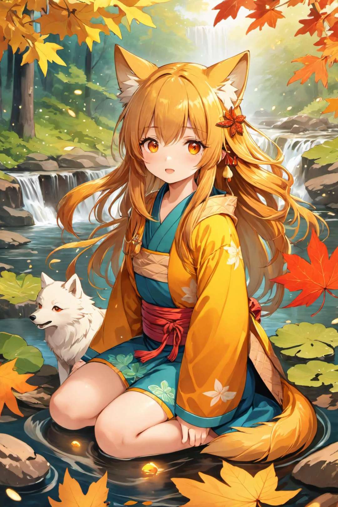 ultra-detailed,(best quality),((masterpiece)),(highres),original,extremely detailed 8K wallpaper,(an extremely delicate and beautiful),((detailed face)),beautiful detail eyes,\\1englai Fairyland,Chinese mythology,Colorful auspicious clouds,autumn,autumn leaves,falling leaves,holding leaf,leaf,leaf background,leaf hair ornament,maple leaf,aki shizuha,leaf print,starfish,anger vein,ginkgo leaf,leaf on head,spoken anger vein,tree,waterfall,sweet potato,dragonfly,acorn,solo,braid,blurry foreground,1girl,day,painting,depth of field,blurry,long hair,branch,hair ornament,leaves in wind,forest,outdoors,nature,campfire,shirt,onsen,koi,sitting,,hair fluttering in the wind,messy hair,lens flare,(golden eye),(red eye),(wolf ear),(yellow hair),(wolf tail),(wolf ears),(a cute young girl:1.1),(wolf ear),orange hair,very long hair,small breasts,(looking at viewer),<lora:LineAniRedmond-LineAniAF:0.5>