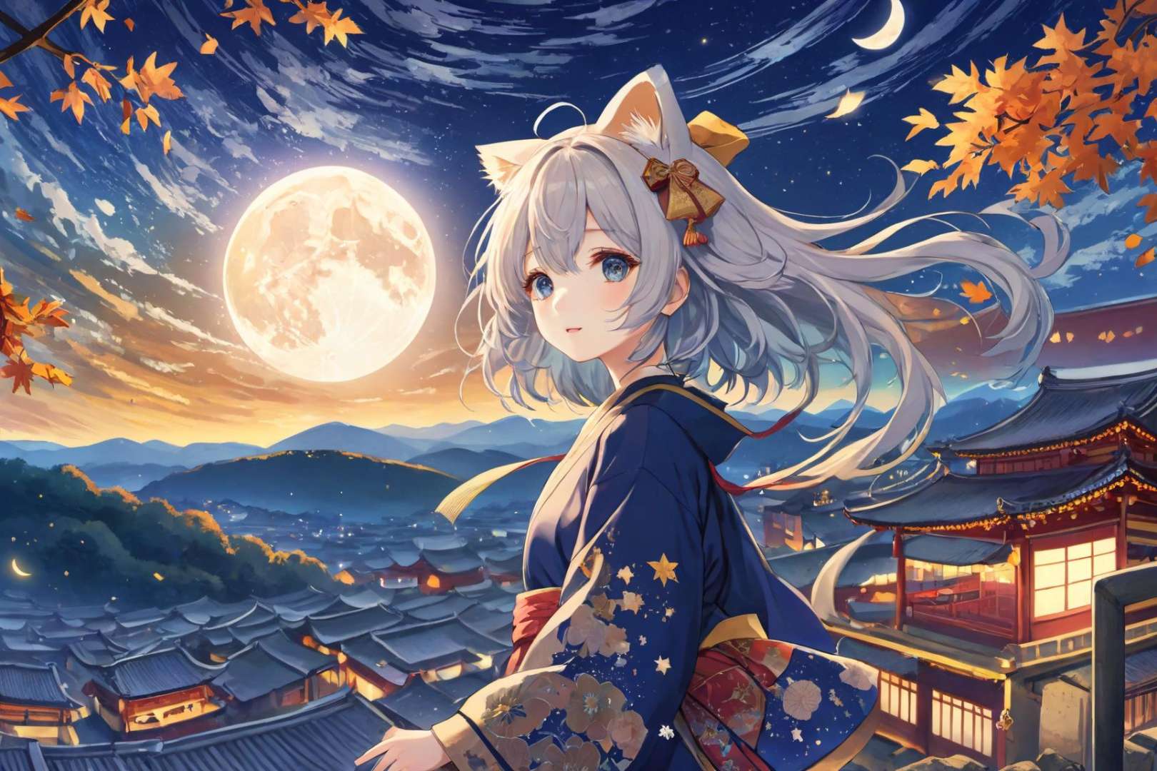 ultra-detailed,(best quality),((masterpiece)),(highres),original,extremely detailed 8K wallpaper,(an extremely delicate and beautiful),((detailed face)),beautiful detail eyes,\\,anime,suga,torino,1girl,animal ears,chinese clothes,autumn,night,a busy street,starry sky,shooting star,moon, <lora:suga_xl-000010:0.3> <lora:torino_xl:0.3>,