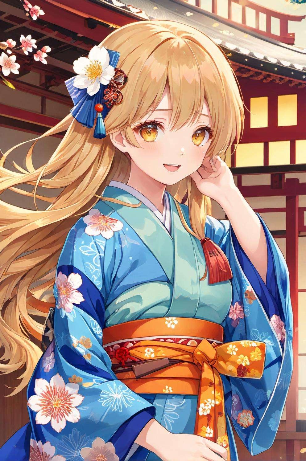 ultra-detailed,(best quality),((masterpiece)),(highres),original,extremely detailed 8K wallpaper,(an extremely delicate and beautiful),((detailed face)),beautiful detail eyes,\\,suga,torinoanime,shenji,1girl,japanese clothes,blue eyes,long hair,solo,kimono,open mouth,smile,braid,hair ornament,orange hair,sash,wide sleeves,blonde hair,looking at viewer,obi,yellow kimono,very long hair,japanese architecture,<lora:suga_xl-000010:0.3> <lora:torino_xl:0.3>