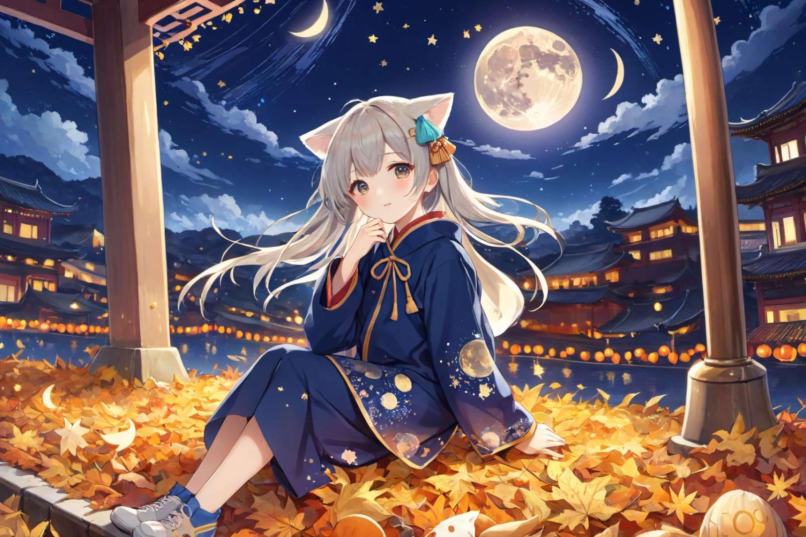 ultra-detailed,(best quality),((masterpiece)),(highres),original,extremely detailed 8K wallpaper,(an extremely delicate and beautiful),((detailed face)),beautiful detail eyes,\\,anime,suga,torino,1girl,animal ears,chinese clothes,autumn,night,a busy street,starry sky,shooting star,moon,depth of field, <lora:suga_xl-000010:0.3> <lora:torino_xl:0.3>,