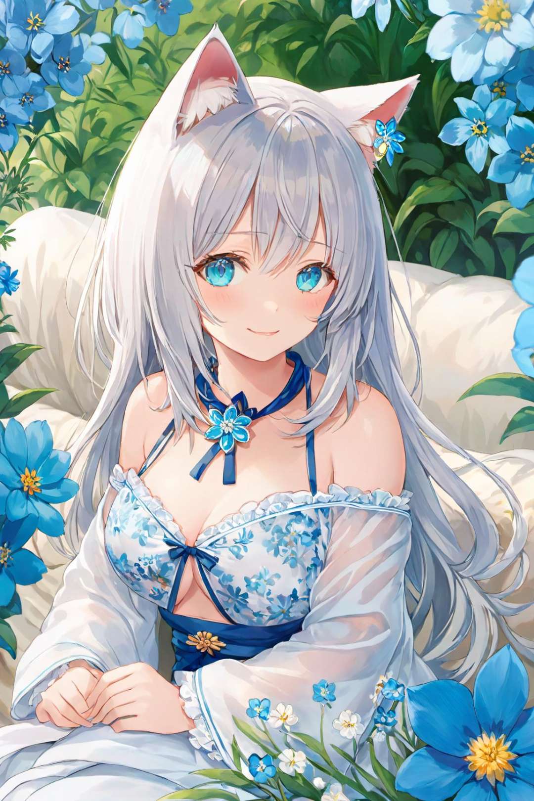 ultra-detailed,(best quality),((masterpiece)),(highres),original,extremely detailed 8K wallpaper,(an extremely delicate and beautiful),((detailed face)),beautiful detail eyes,\\,anime,momoko,suga,torinoanime,{one girl},very long light white hair,beautiful detailed blue eyes,aqua eyes,white robe,cat ears,{flower hairpin},{surrounded by beautiful detailed blue flowers},sunlight,light smile,beautiful detailed blue necklace,{{{see-through}}},flower request,breast_focus,{luxuriant bra},{{breast_conscious}},presenting breast,{hand on breast},{covering_breasts},<lora:momoko_xl-v2-000015:0.5>,<lora:suga_xl-000010:0.3> <lora:torino_xl:0.3>,