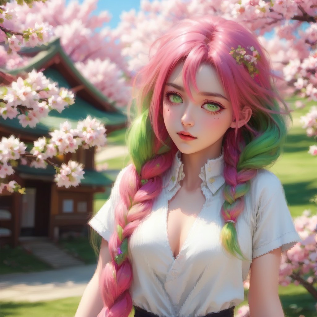 1girl, kanroji mitsuri, solo, mole, pink hair, braid, green eyes, breasts, multicolored hair, mole under eye, looking at viewer, long hair, green hair, upper body, cleavage, twin braids, shirt, outdoors, cherry blossoms, white shirt, lips, parted lips, blurry, day, gradient hair, two-tone hair, flower, bangs, hair between eyes, partially unbuttoned, medium breasts, collared shirt, short sleeves, eyelashes <lora:wuxie3:1>