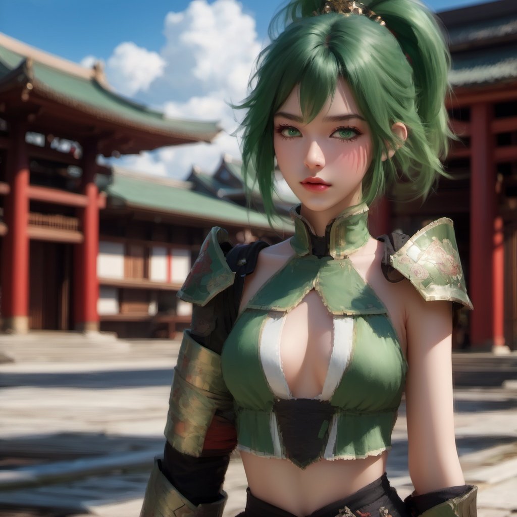 1girl, breasts, solo, green hair, cleavage, choker, looking at viewer, outdoors, shoulder armor, east asian architecture, armor, architecture, green eyes, medium breasts, hair ornament, japanese armor, ponytail, bangs, blurry, sky, blurry background, black choker, lips, day, cloud, parted lips, realistic, collarbone<lora:wuxie3:1>