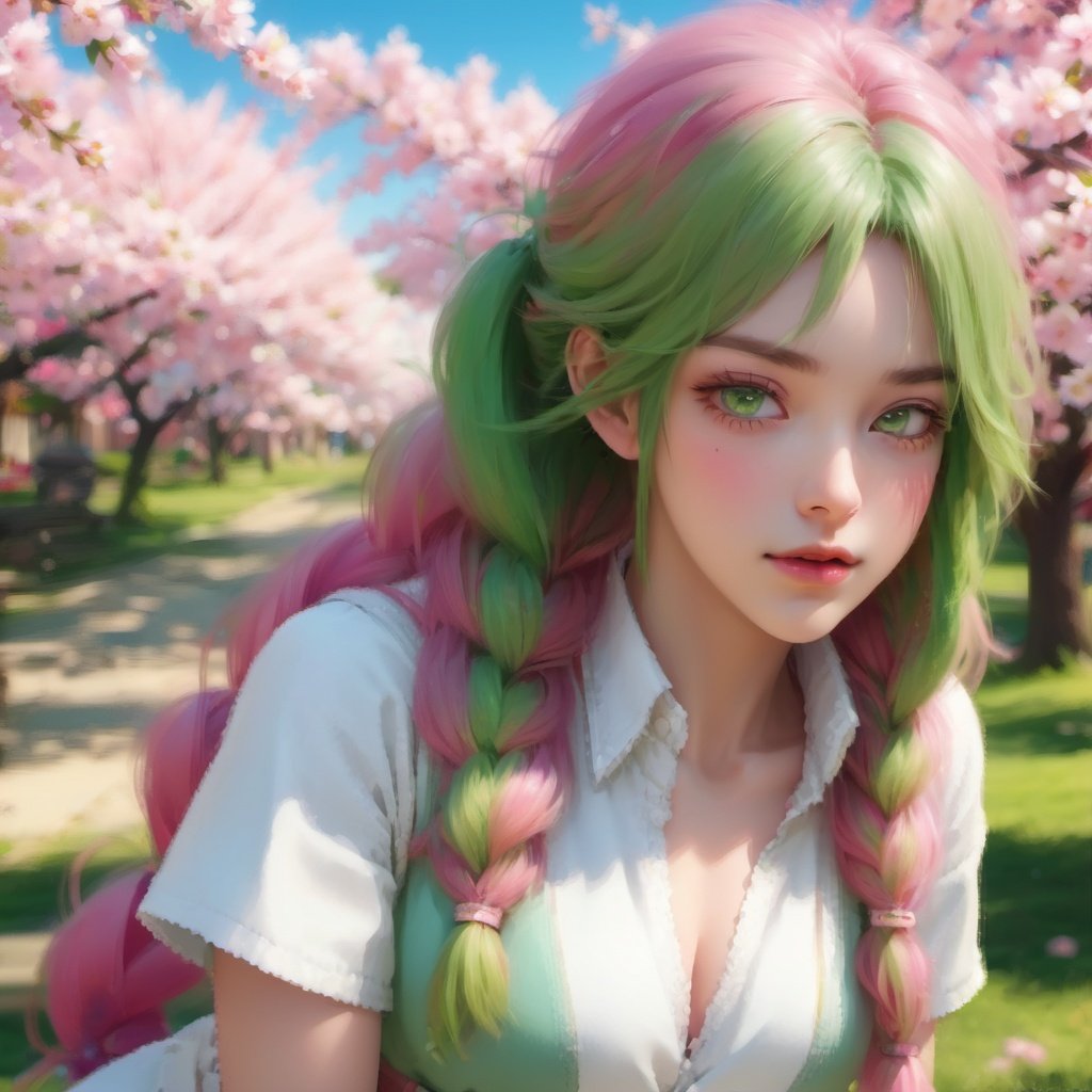 1girl, kanroji mitsuri, solo, mole, pink hair, braid, green eyes, breasts, multicolored hair, mole under eye, looking at viewer, long hair, green hair, upper body, cleavage, twin braids, shirt, outdoors, cherry blossoms, white shirt, lips, parted lips, blurry, day, gradient hair, two-tone hair, flower, bangs, hair between eyes, partially unbuttoned, medium breasts, collared shirt, short sleeves, eyelashes <lora:wuxie3:1>