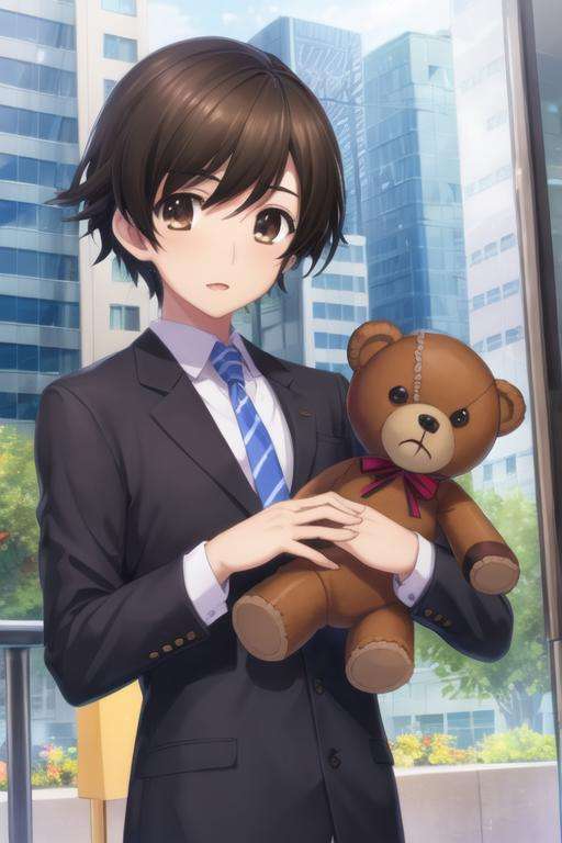 masterpiece, best quality, game cg, 1boy, solo, male focus, looking at viewer, upper body, depth of field, <lora:haruki_kitahara:0.72>, haruki_kitahara, black hair, brown eyes, teddy bear costume, The City of Mirrors, 32k resolution