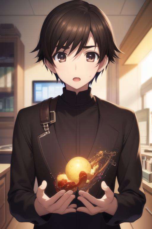 masterpiece, best quality, illustration, 1boy, solo, male focus, looking at viewer, upper body, depth of field, <lora:haruki_kitahara:0.74>, haruki_kitahara, black hair, brown eyes, geek costume, science fiction soft science fiction,