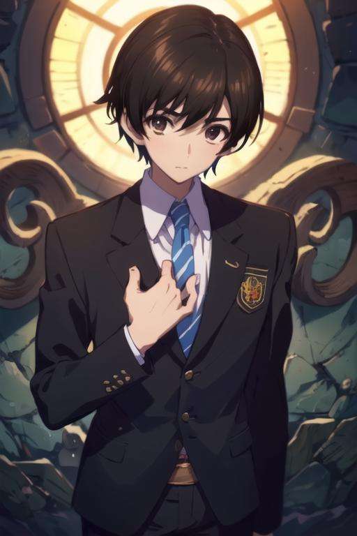 masterpiece, best quality, illustration, 1boy, solo, male focus, looking at viewer, upper body, depth of field, <lora:haruki_kitahara:0.74>, haruki_kitahara, black hair, brown eyes, suit shorts, , The Vale of Shadows: A dark and foreboding valley where no sunlight ever penetrates, 32k resolution