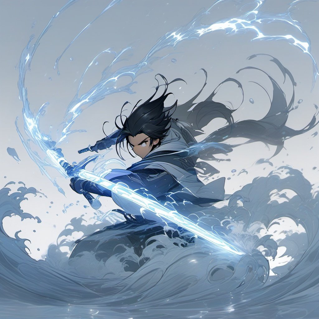 water, 1boy, sword, weapon, male_focus, lightning, splashing, waves, long_hair, black_hair, electricity, holding_sword, holding, holding_weapon, katana, floating_hair