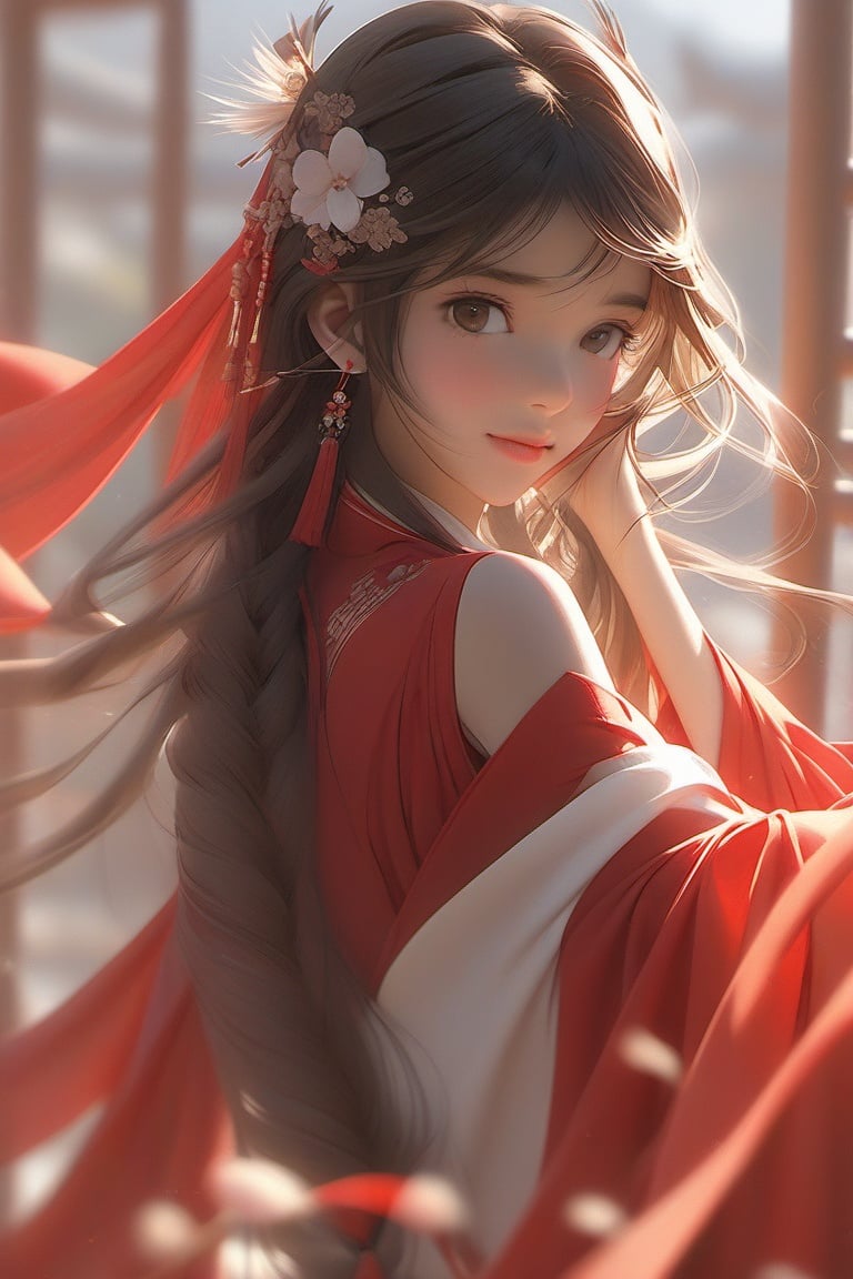 long_hair, 1girl, hair_ornament, blurry, braid, chinese_clothes, looking_at_viewer, solo, flower, hair_flower, depth_of_field, brown_eyes, tassel