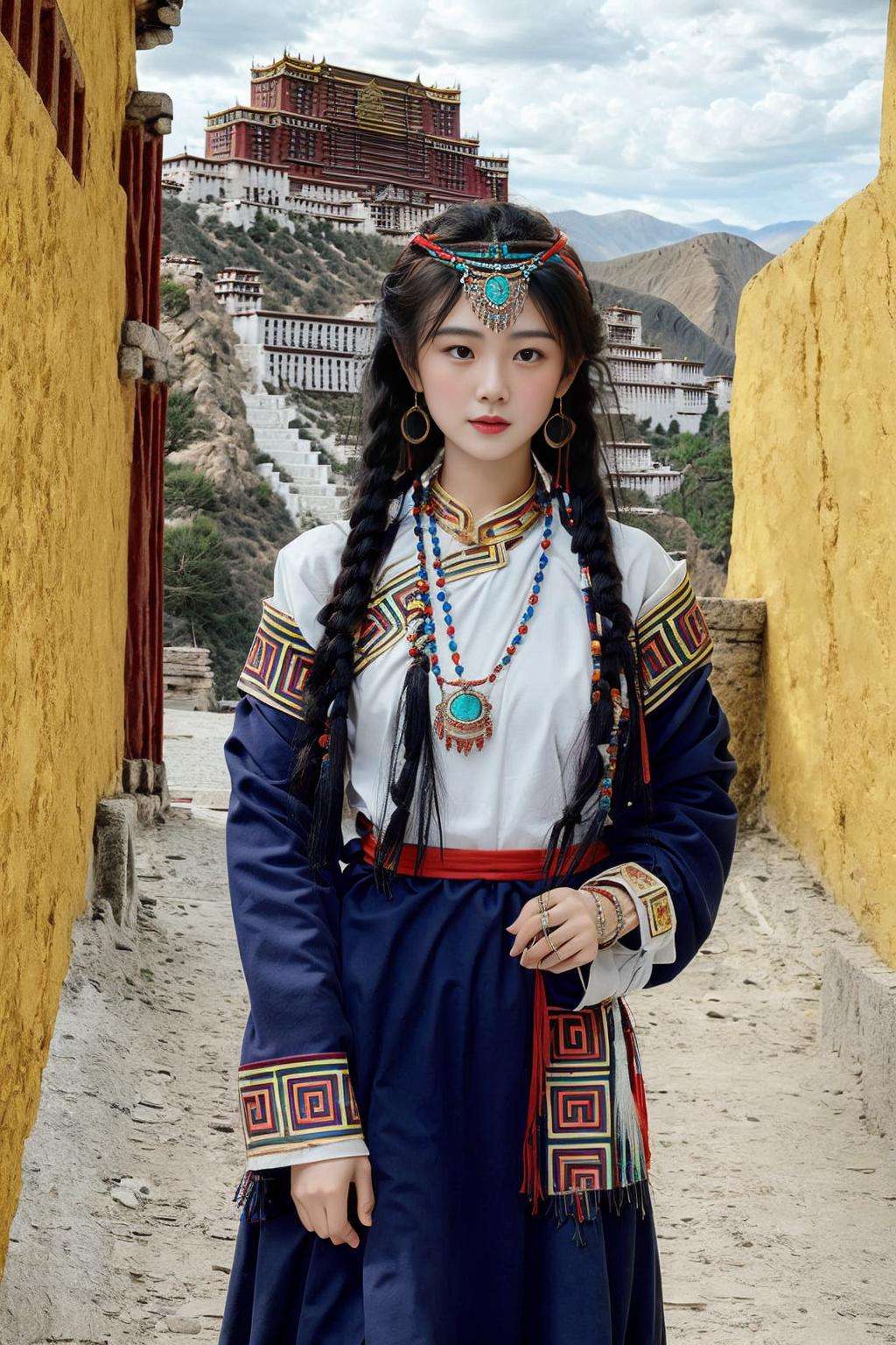 masterpiece, best quality, 8k, film gain, pale skin, texture skin, side lighting, cowboy shot, Hair tie, (1girl:1.3), long hair, clavicle, (jewelry:1.3), bracelet, particles, butterfly, outdoors, chinese ancient architecture, tree, leather, nice hands,  looking at viewer, <lora:tibet:0.8>, tibet, 
