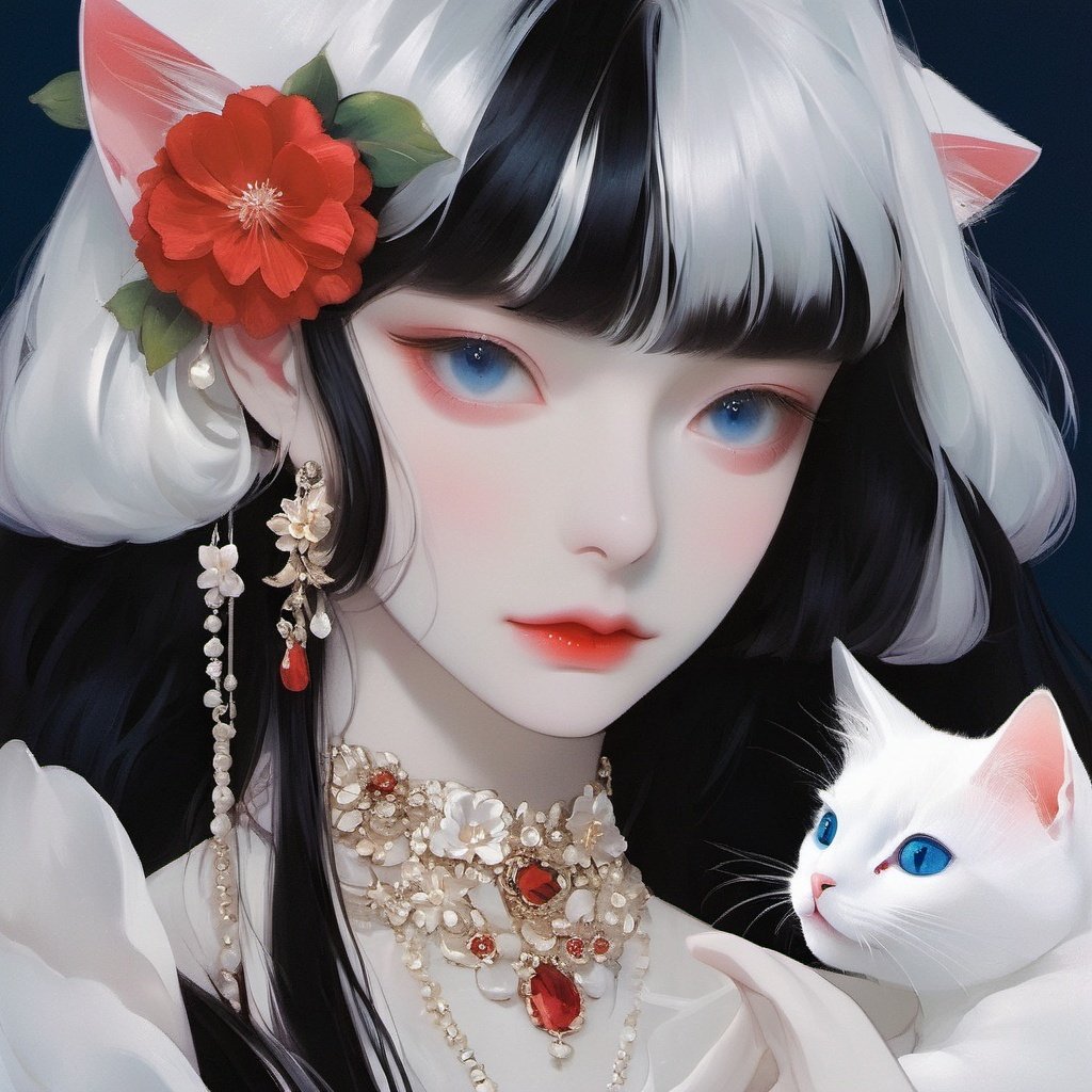 1girl, cat, jewelry, bangs, earrings, black background, hair flower, flower, white hair, hair ornament, looking at viewer, blue eyes, long hair, animal, simple background, blunt bangs, white cat, red lips, upper body, makeup, closed mouth, animal on shoulder, solo, white flower, lips, white dress<lora:BAIMAO:1>,