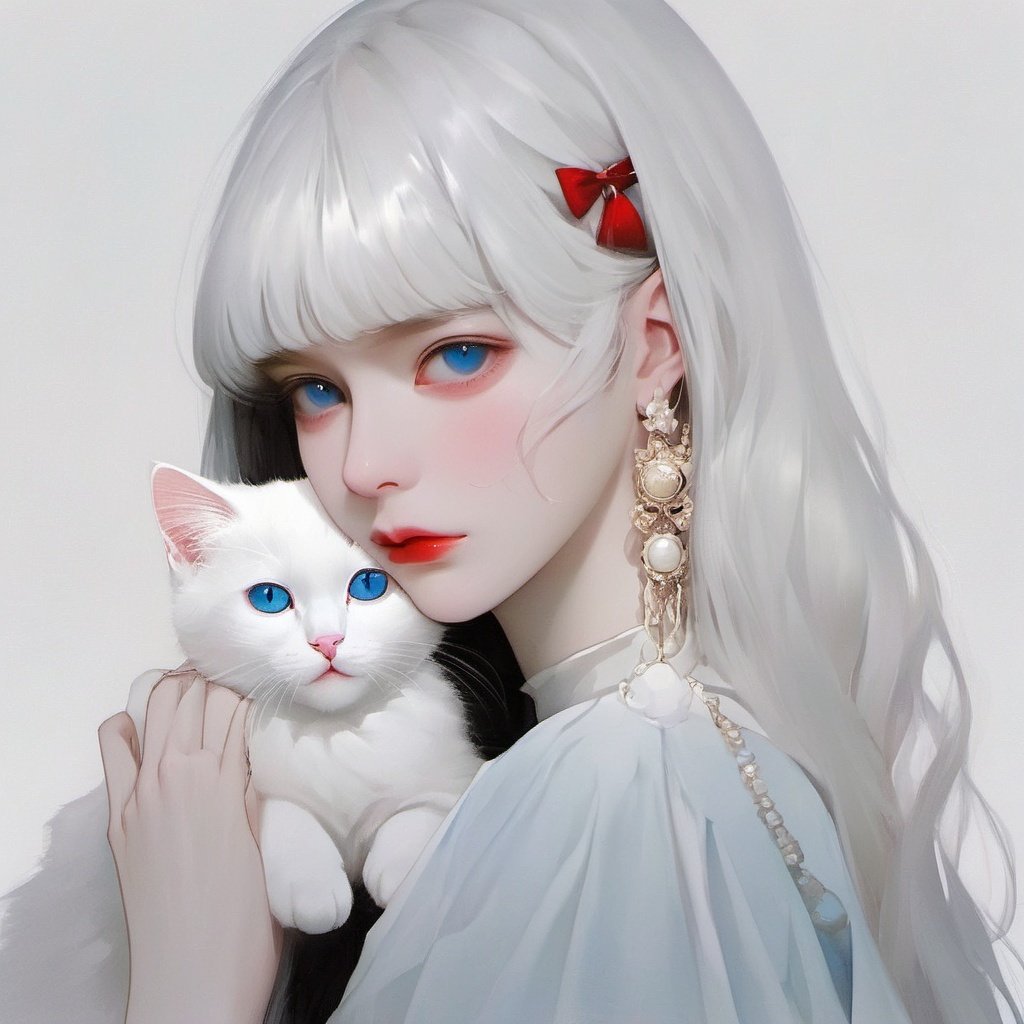 cat, 1girl, blue eyes, white hair, bangs, holding, looking at viewer, solo, black background, animal, holding animal, simple background, blunt bangs, holding cat, earrings, jewelry, white cat, long hair, upper body, closed mouth, white theme, red lips, from side <lora:BAIMAO:1>