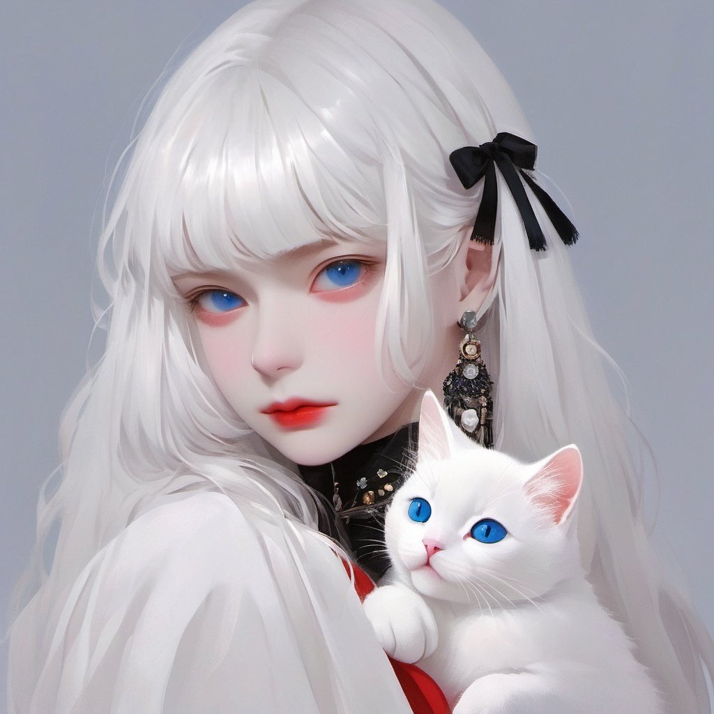 cat, 1girl, blue eyes, white hair, bangs, holding, looking at viewer, solo, black background, animal, holding animal, simple background, blunt bangs, holding cat, earrings, jewelry, white cat, long hair, upper body, closed mouth, white theme, red lips, from side <lora:BAIMAO:1>