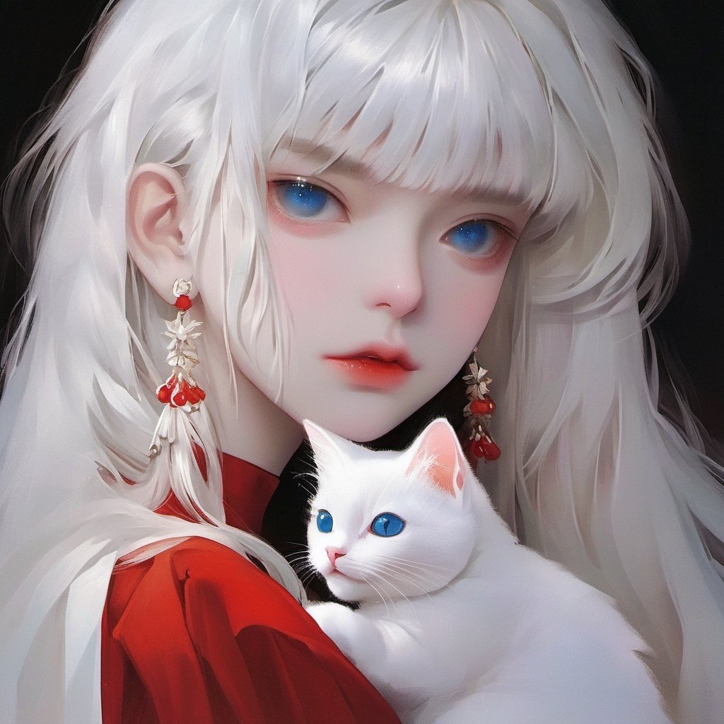 cat, 1girl, blue eyes, white hair, bangs, holding, looking at viewer, solo, black background, animal, holding animal, simple background, blunt bangs, holding cat, earrings, jewelry, white cat, long hair, upper body, closed mouth, white theme, red lips, from side <lora:BAIMAO:1>