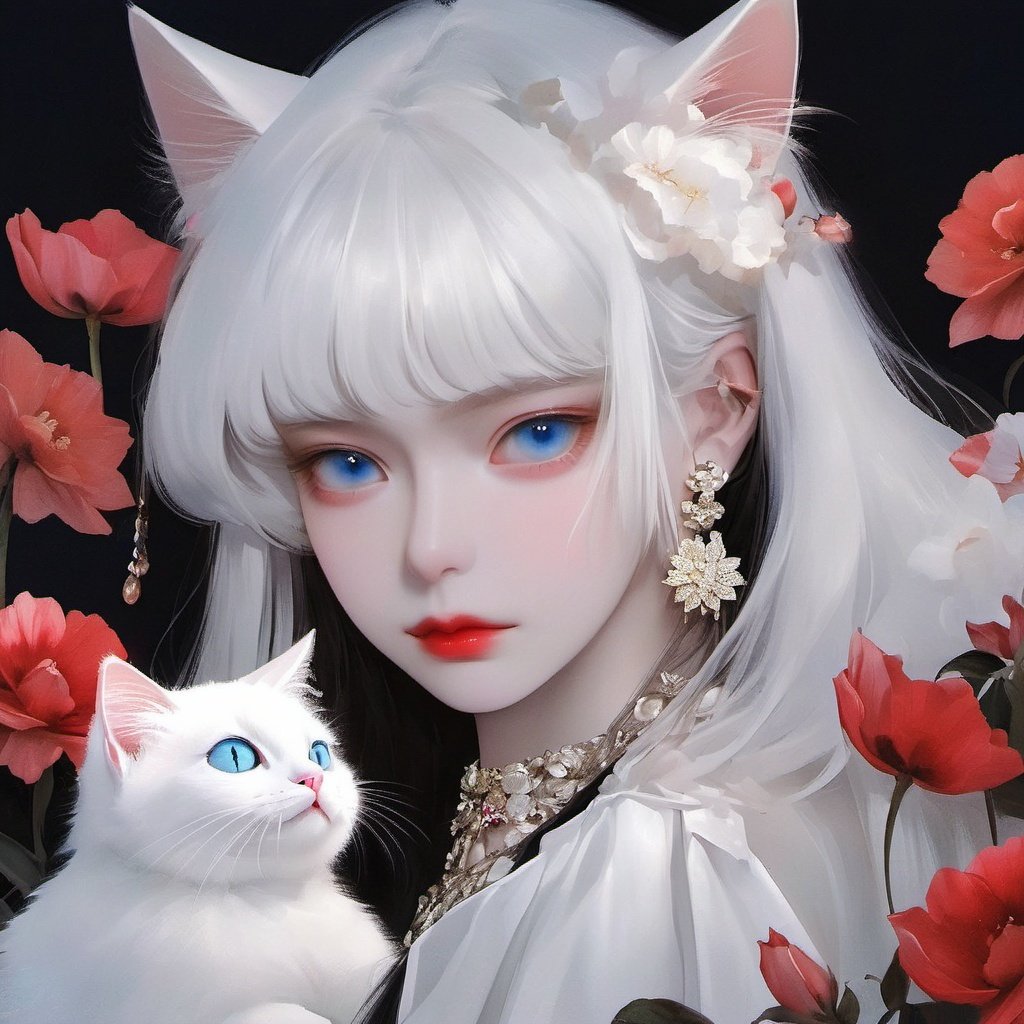 1girl, cat, jewelry, bangs, earrings, black background, hair flower, flower, white hair, hair ornament, looking at viewer, blue eyes, long hair, animal, simple background, blunt bangs, white cat, red lips, upper body, makeup, closed mouth, animal on shoulder, solo, white flower, lips, white dress<lora:BAIMAO:1>,