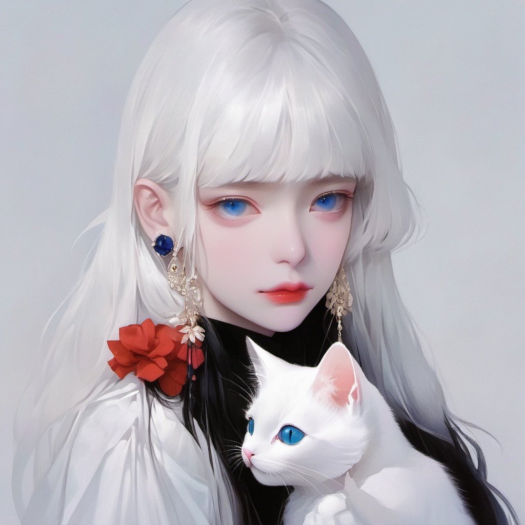 cat, 1girl, blue eyes, white hair, bangs, holding, looking at viewer, solo, black background, animal, holding animal, simple background, blunt bangs, holding cat, earrings, jewelry, white cat, long hair, upper body, closed mouth, white theme, red lips, from side <lora:BAIMAO:1>