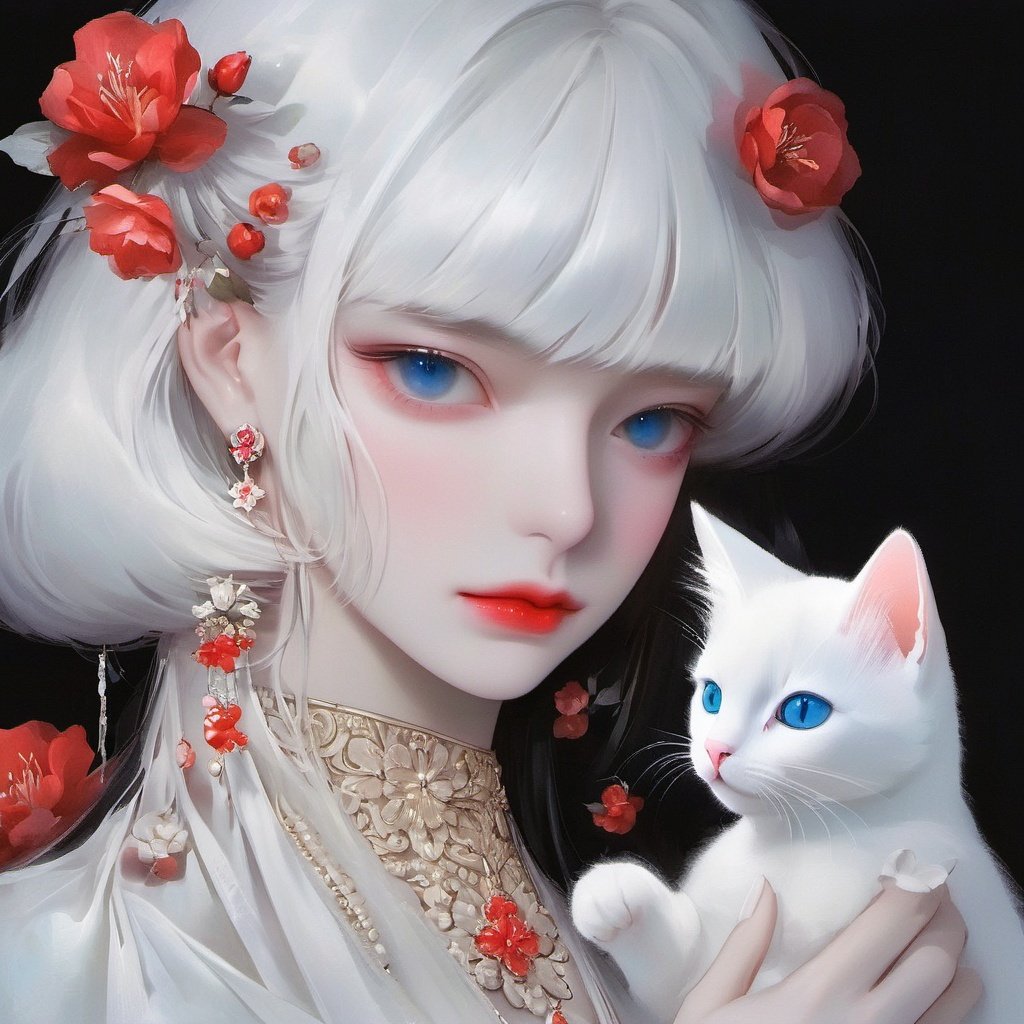 1girl, cat, jewelry, bangs, earrings, black background, hair flower, flower, white hair, hair ornament, looking at viewer, blue eyes, long hair, animal, simple background, blunt bangs, white cat, red lips, upper body, makeup, closed mouth, animal on shoulder, solo, white flower, lips, white dress<lora:BAIMAO:1>,