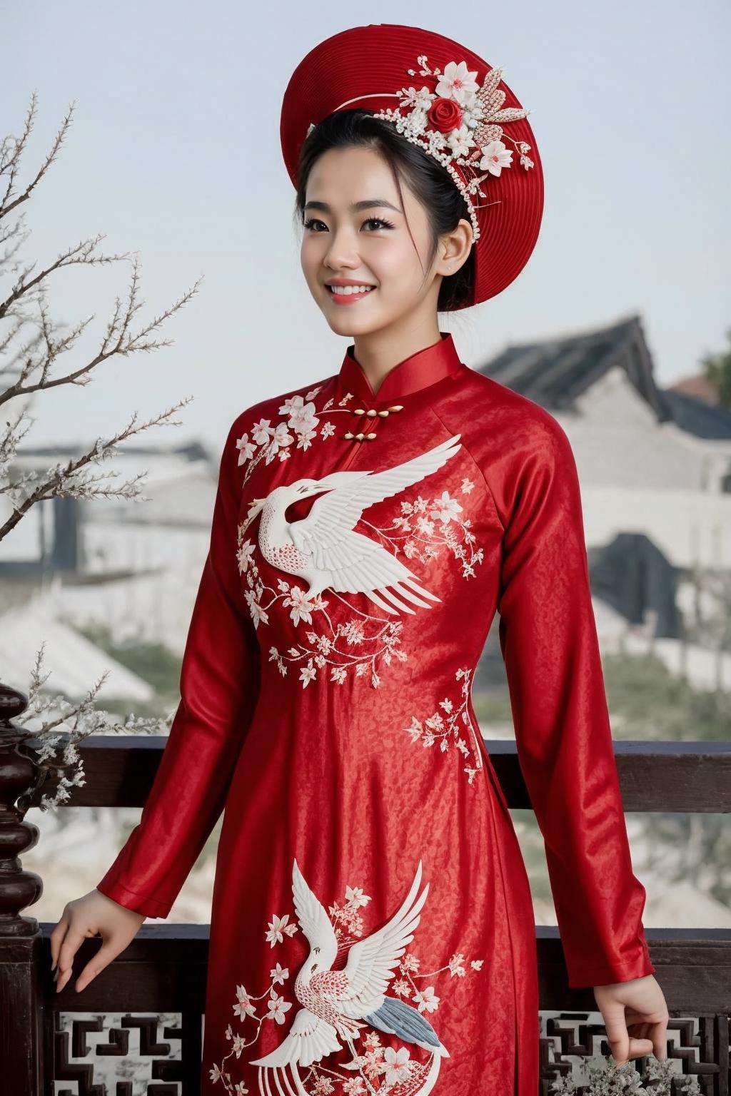 masterpiece, best quality, realistic, cinematic, 1girl, (upper body:0.8), (smile:0.8), falling petals, tree branch,<lora:aodaicuoi-000006:0.7>, cap, (phoenix pattern clothes), (red aodaicuoi), 