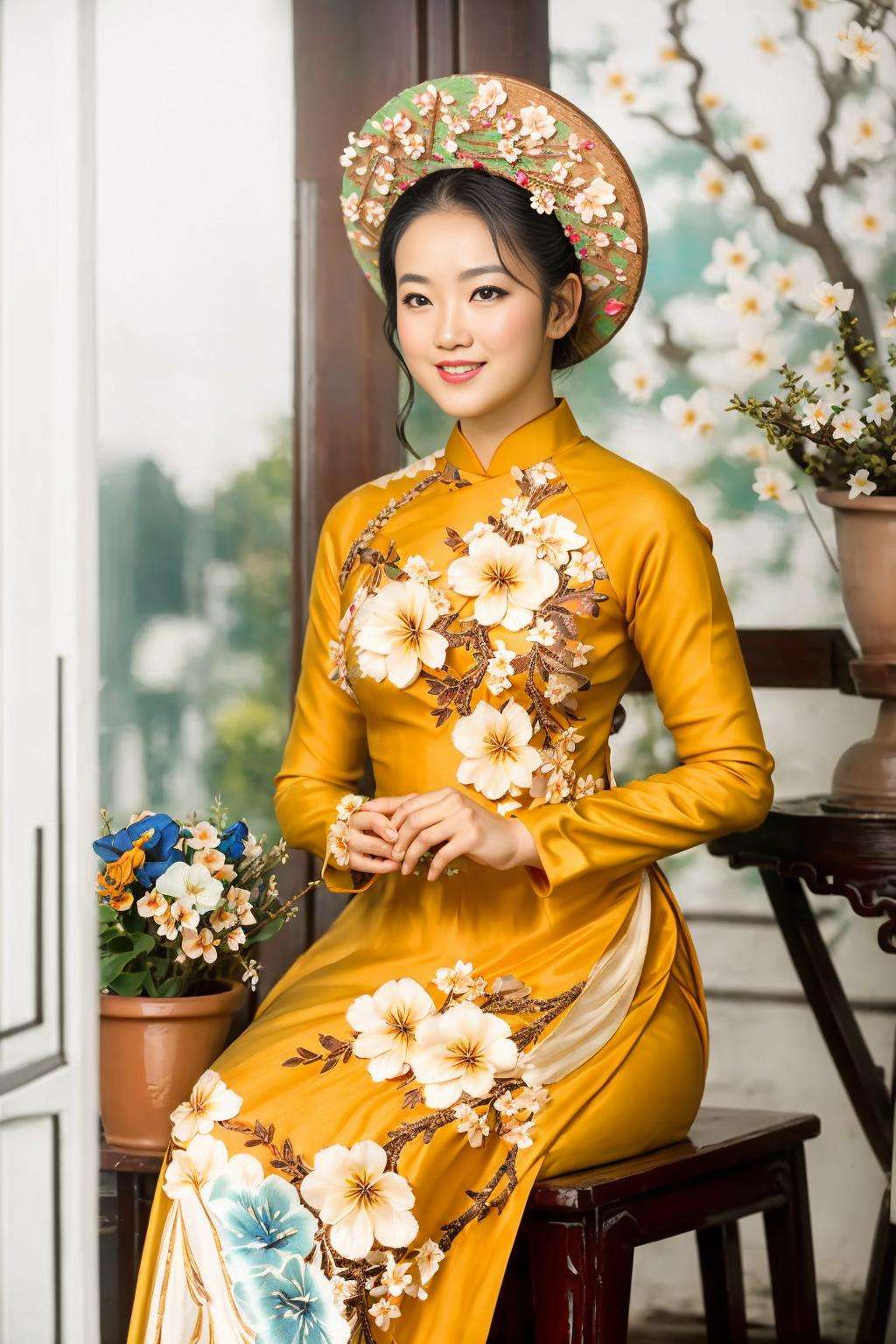 masterpiece, best quality, realistic, cinematic, 1girl, sitting, close-up portrait, (smile:0.8), (yellow apricot blossom, (potted flowers:1.2), flowers, falling petals, tree branch),<lora:aodaicuoi-000006:0.7>, cap, (pattern clothes),wearing red aodaicuoi, 