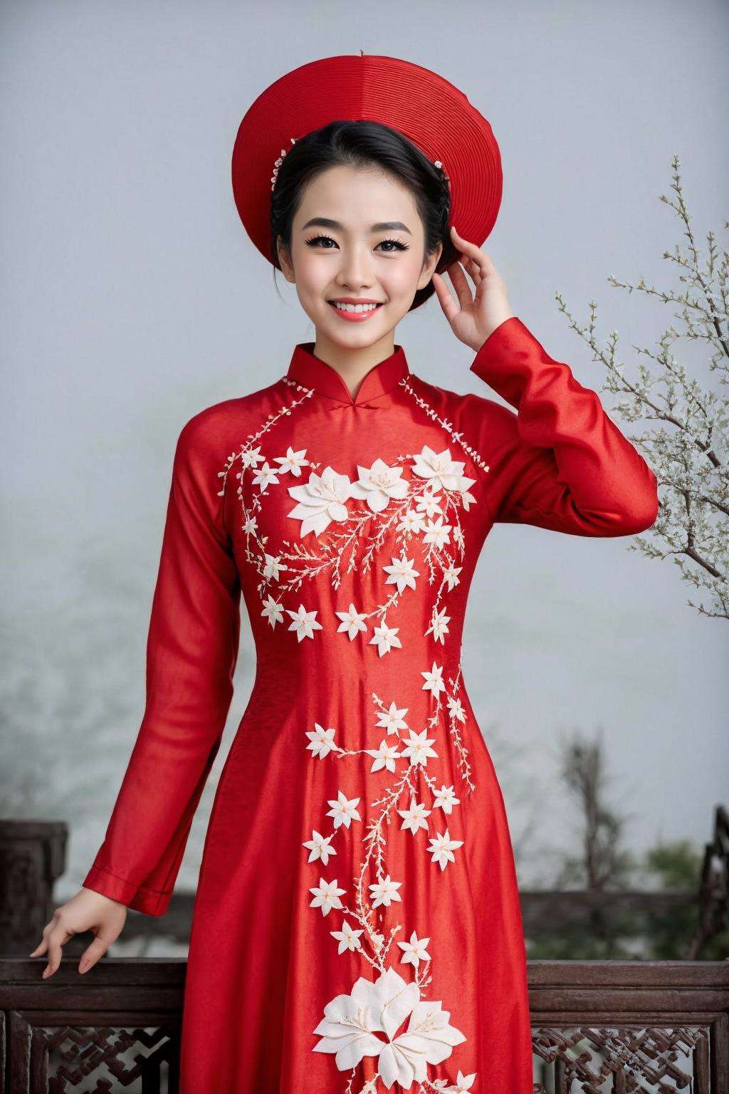 masterpiece, best quality, realistic, cinematic, 1girl, (upper body:0.8), (smile:0.8), falling petals, tree branch,<lora:aodaicuoi-000006:0.7>, cap, (pattern clothes), (red aodaicuoi), 