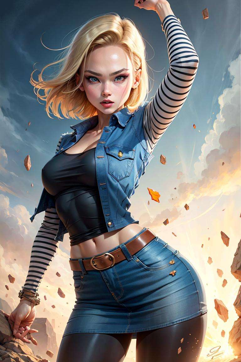 masterpiece, best quality, 1girl, beautiful face, Android_18_DB, denim skirt, pantyhose, <lora:Android_18_DB:0.6>,